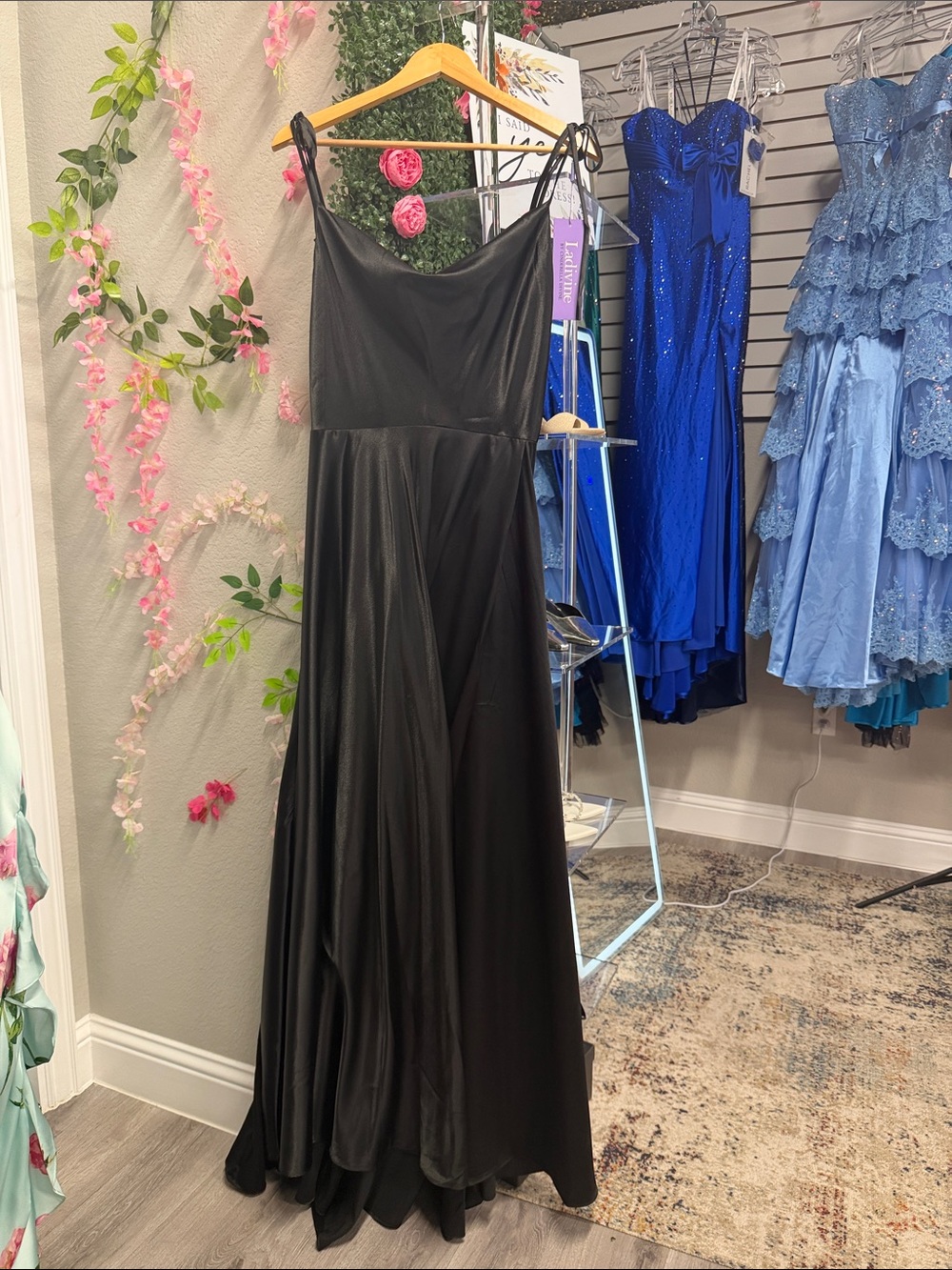 Black Satin Side-Slit Prom Gown with Tie Straps - Picture 2 of 2